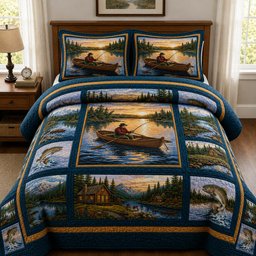Lakeside Fishing Sunset 3 Piece Quilted Bedding Set Gift For Fishing Lovers