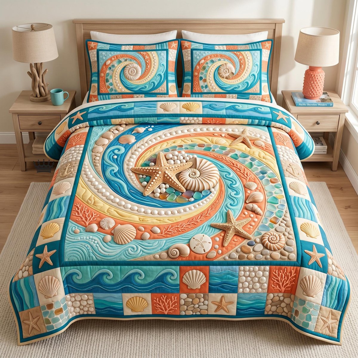 Coastal Whisper Beach 3 Piece Quilted Bedding Set Gift For Beach Lovers