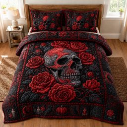Crimson Rose Skull Gothic 3 Piece Quilted Bedding Set Gift For Flower Lovers