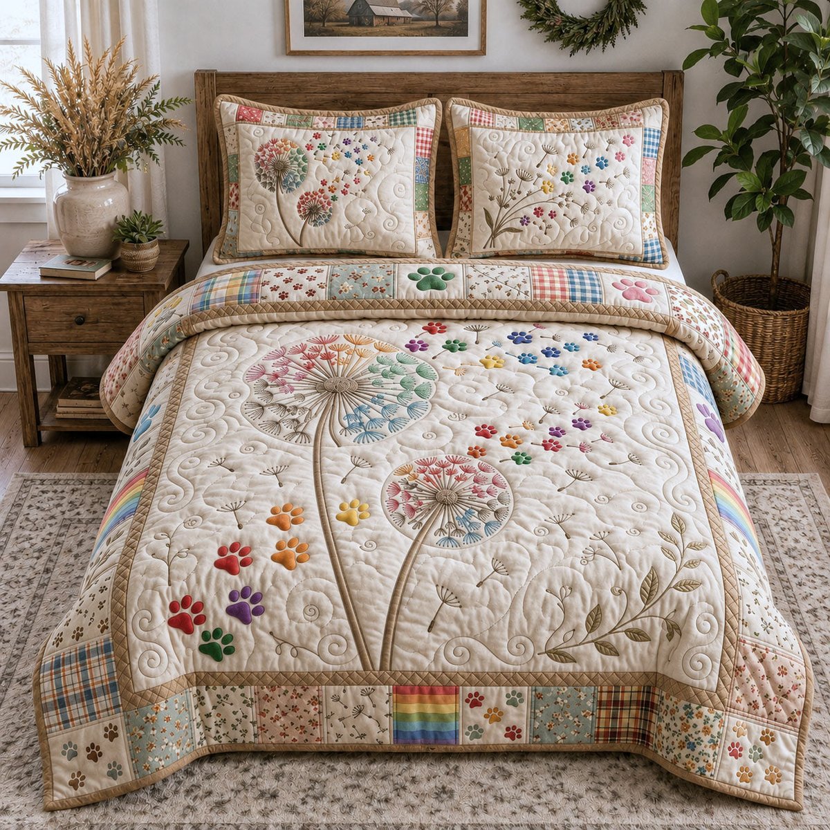 Dandelion Paw Cat 3 Piece Quilted Bedding Set Gift For Dog Lovers