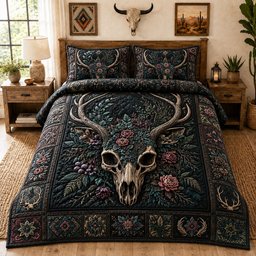 Boho Floral Deer Skull 3 Piece Quilted Bedding Set Gift For Hunters