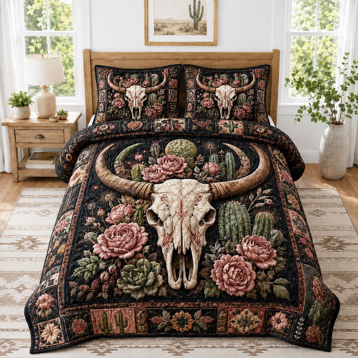 Desert Cactus Rose Longhorn Skull 3 Piece Quilted Bedding Set Gift For Western Lovers