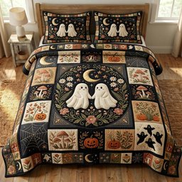 Ghost 3 Piece Quilted Bedding Set Halloween Gift For Gothic Decor Lovers