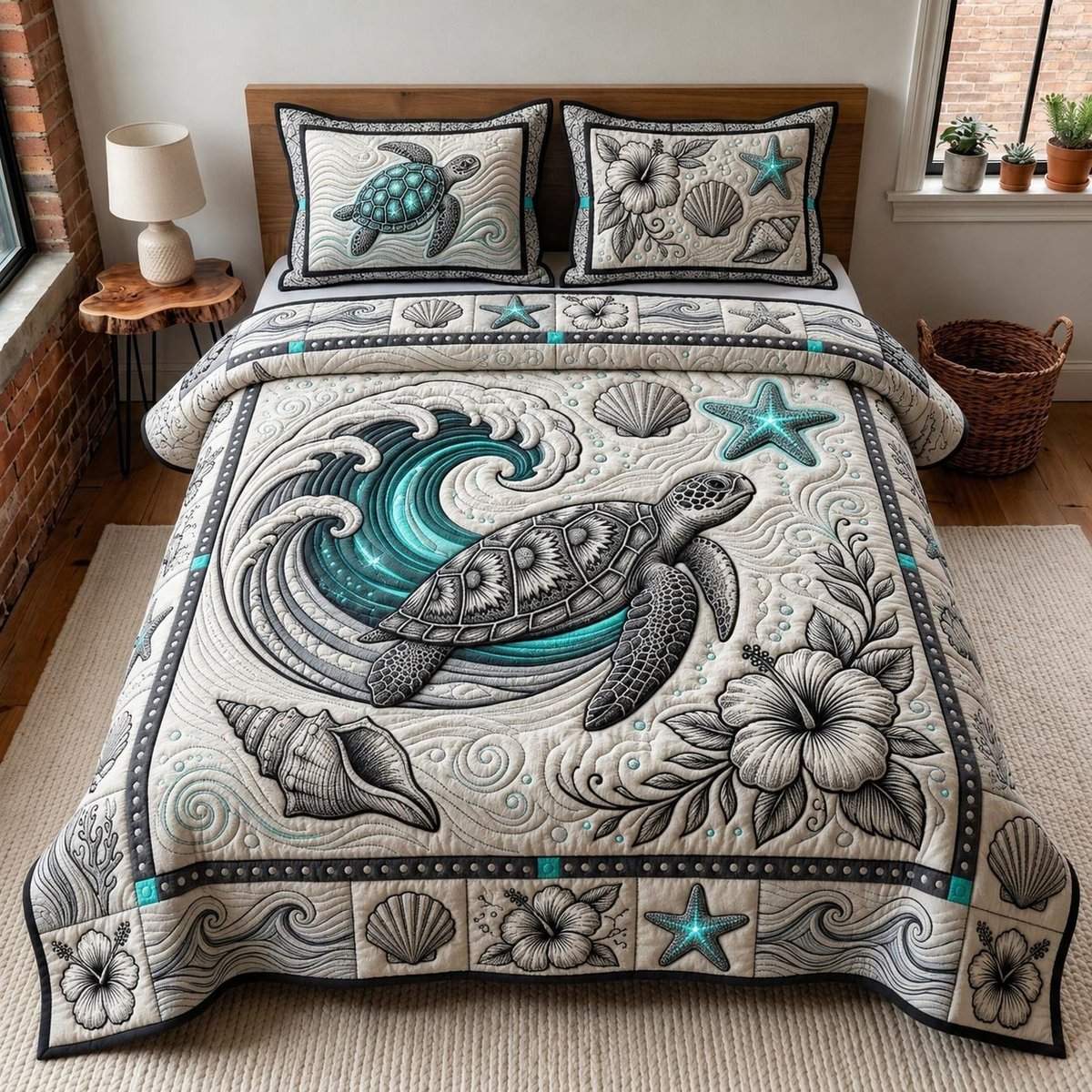 Sacred Turtle Beach 3 Piece Quilted Bedding Set Gift For Turtle Lovers