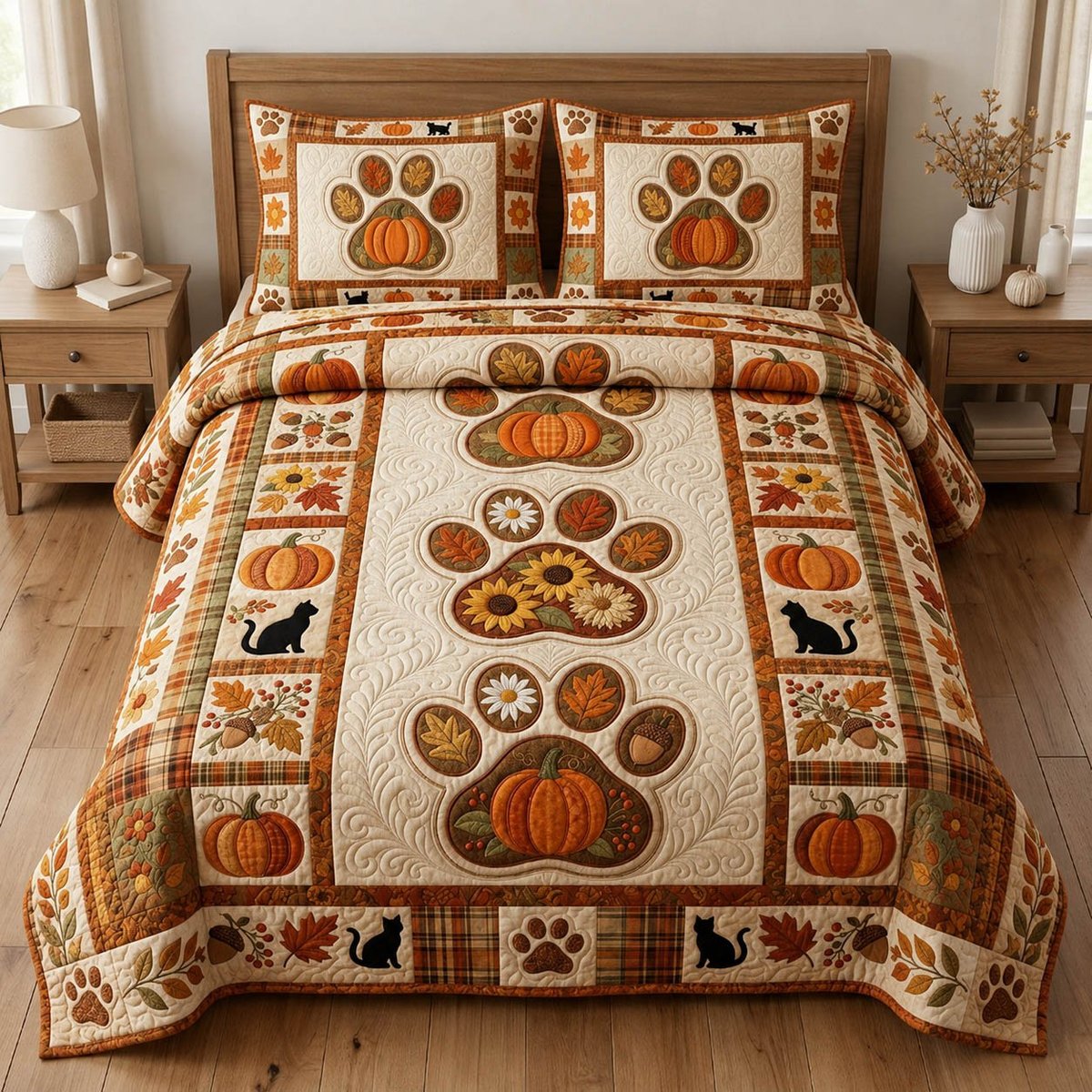 Paw Print 3 Piece Quilted Bedding Set Gift For Dog Lovers