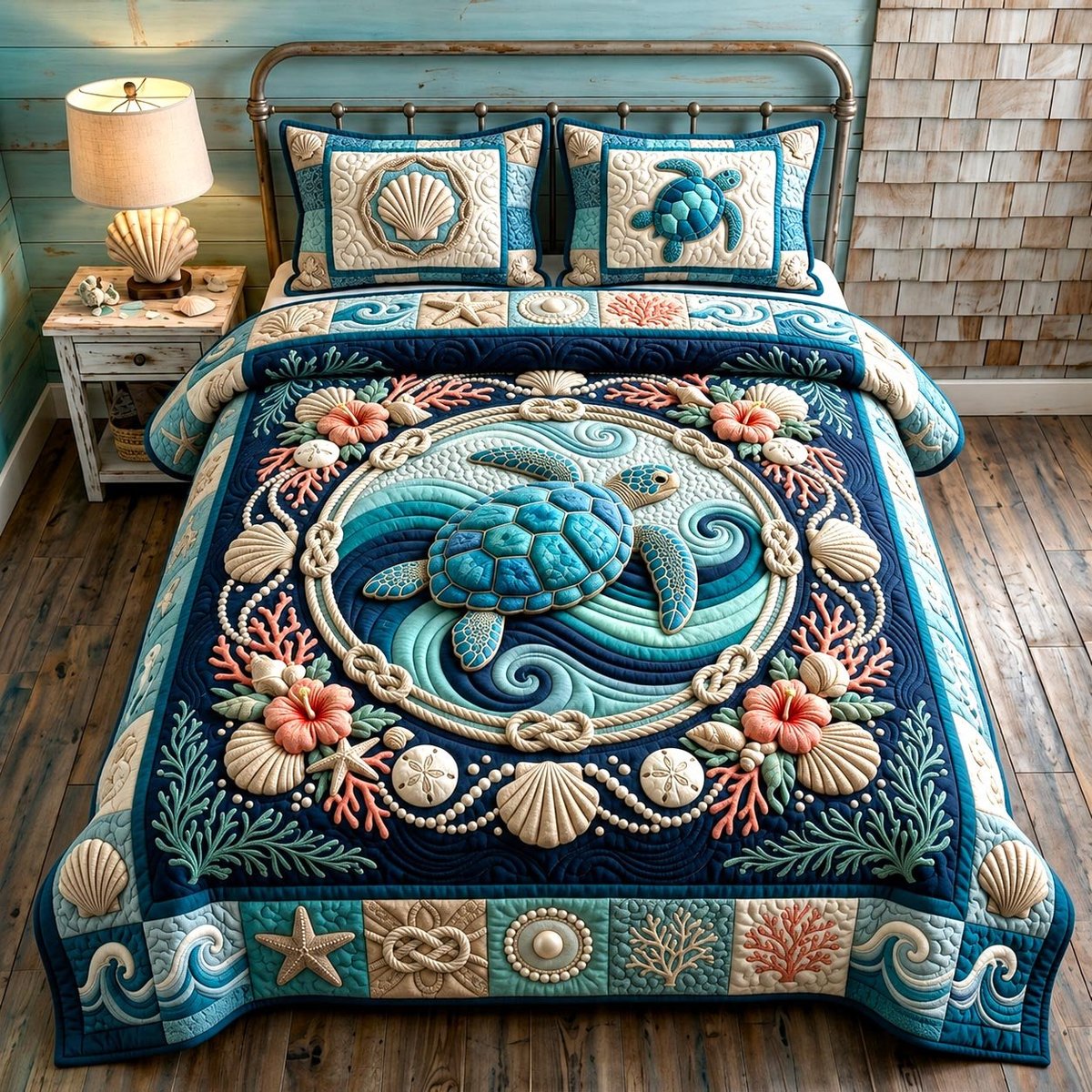 Turtle Spirit Beach 3 Piece Quilted Bedding Set Gift For Turtle Lovers