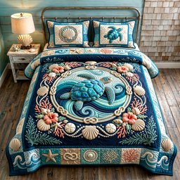 Turtle Spirit Beach 3 Piece Quilted Bedding Set Gift For Turtle Lovers