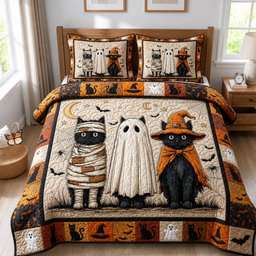 Black Cats 3 Piece Quilted Bedding Set Halloween Gift For Cat Lovers