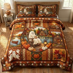 Ghost 3 Piece Quilted Bedding Set Halloween Gift For Gothic Decor Lovers