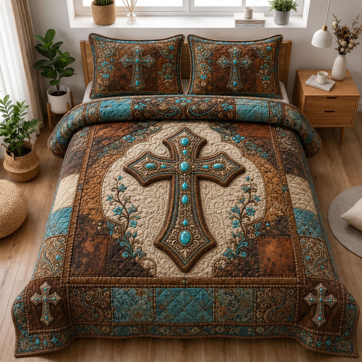 Turquoise Western Cross Christian 3 Piece Quilted Bedding Set Gift For Christians
