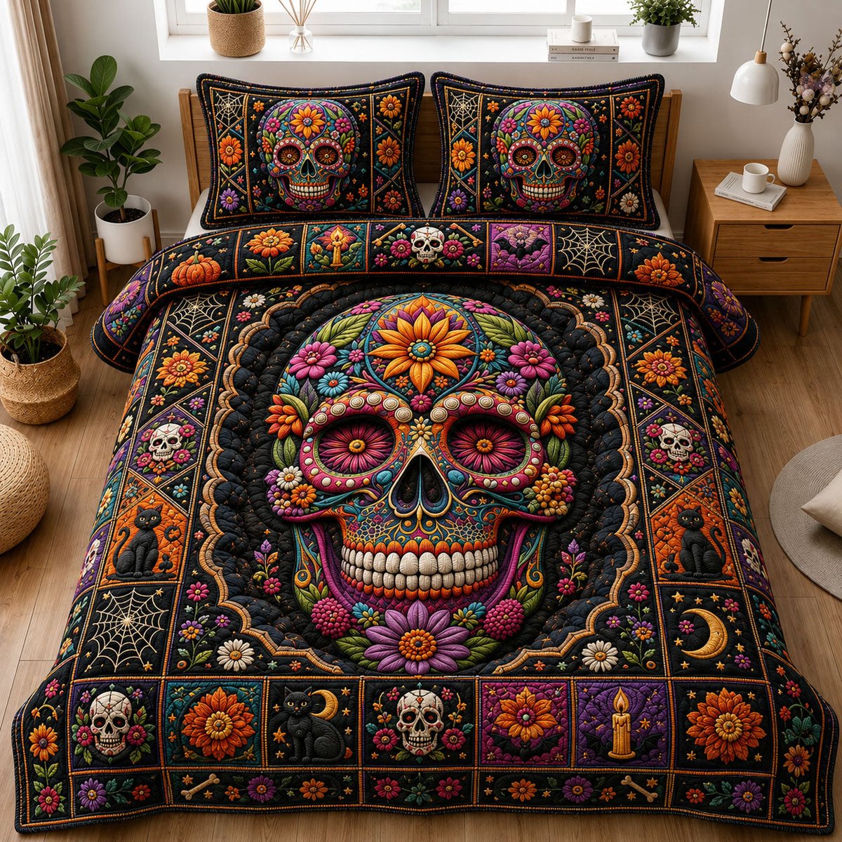 Fiesta Sugar Skull 3 Piece Quilted Bedding Set Halloween Gift For Gothic Decor Lovers