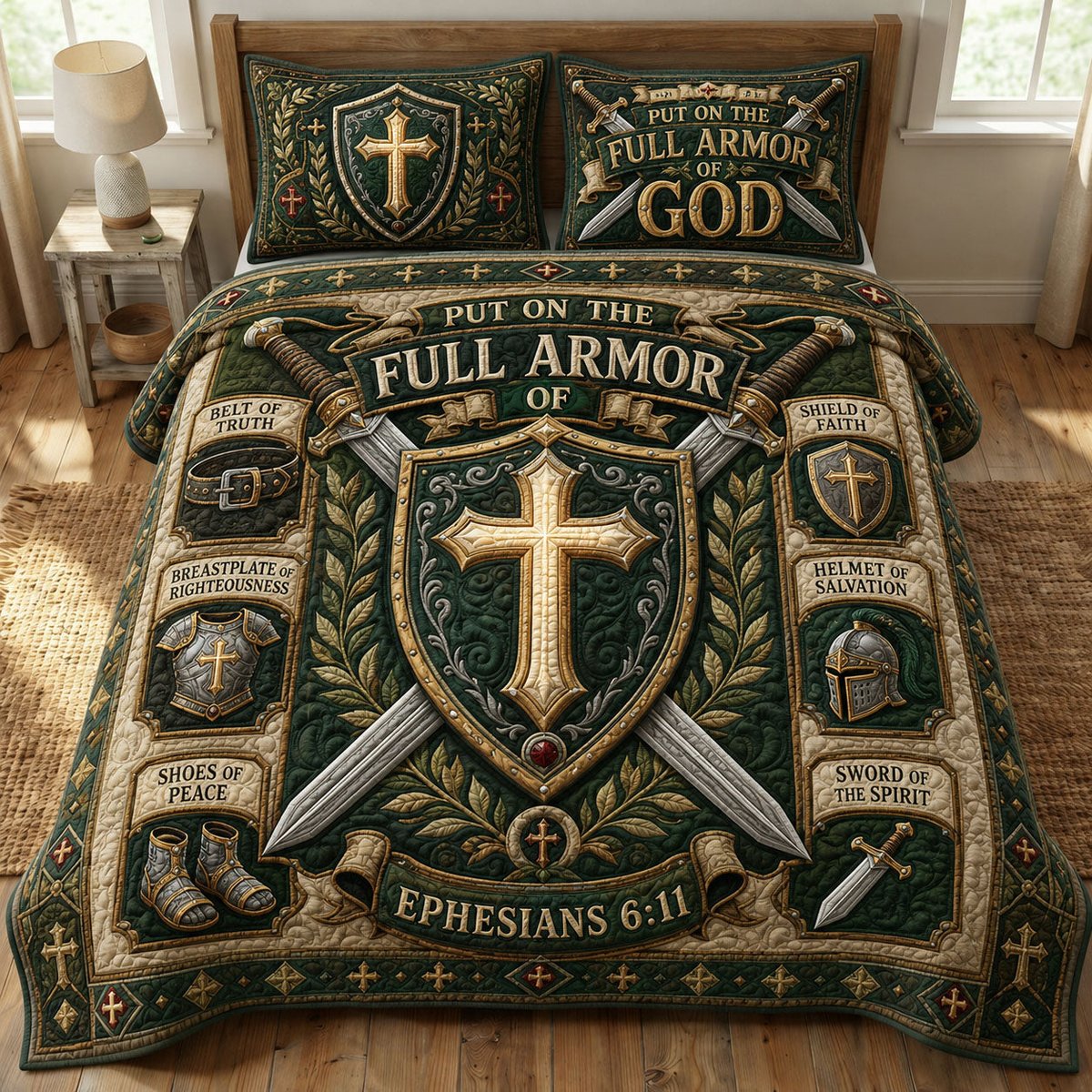 Emerald Shield Faith 3 Piece Quilted Bedding Set Gift For Christians