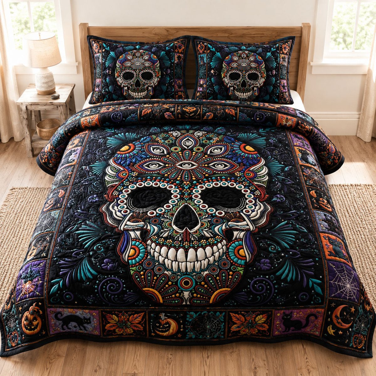 Mystic Neon Sugar Skull 3 Piece Quilted Bedding Set Gift For Gothic Decor Lovers