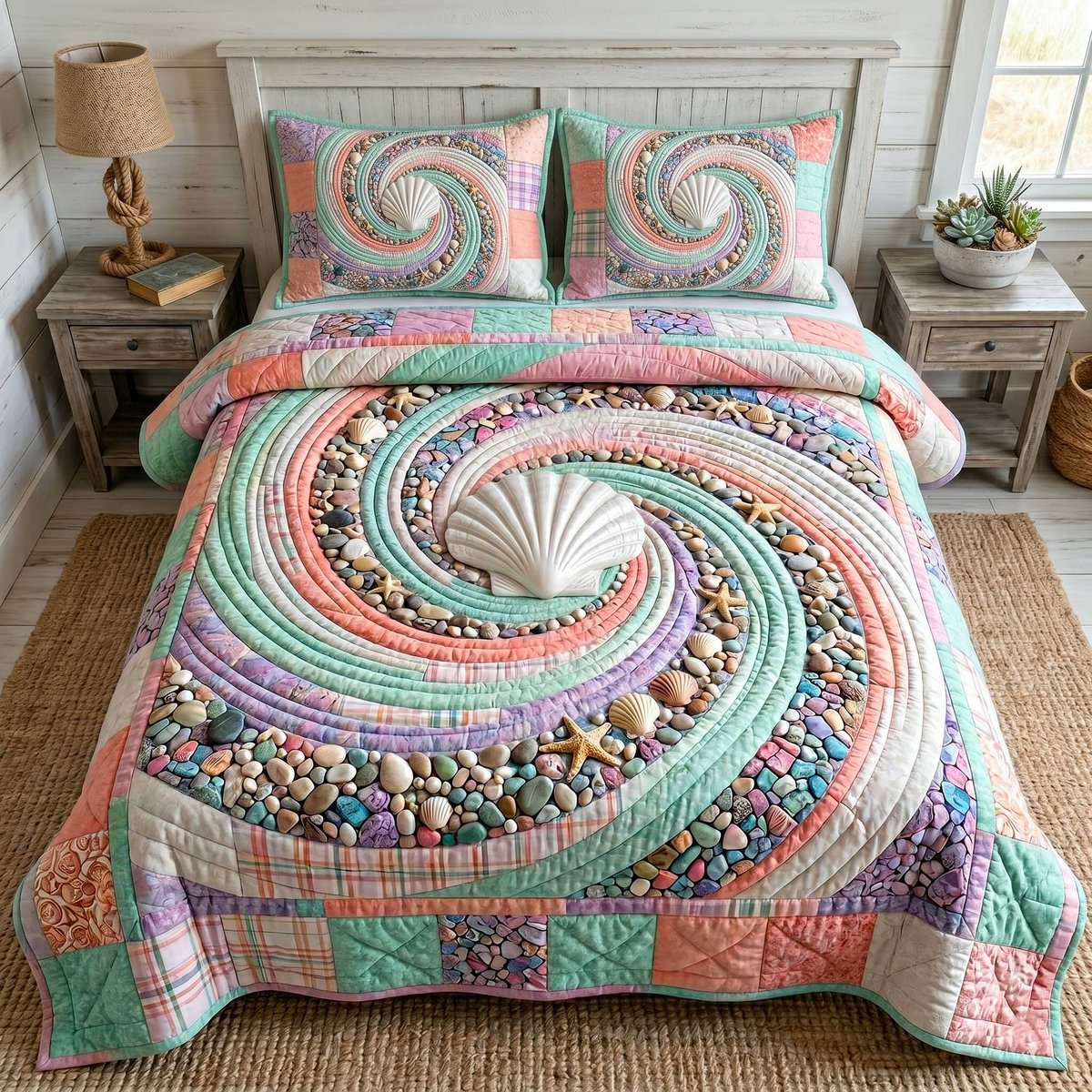 Ocean Whirl Beach 3 Piece Quilted Bedding Set Gift For Beach Lovers