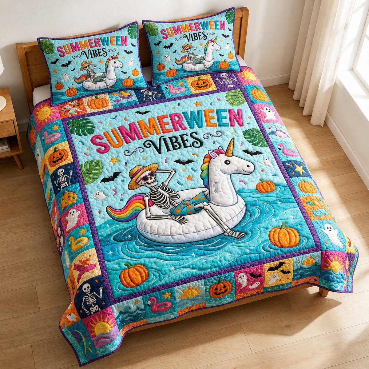 Summerween Vibes Cat 3 Piece Quilted Bedding Set Gift For Cat Lovers