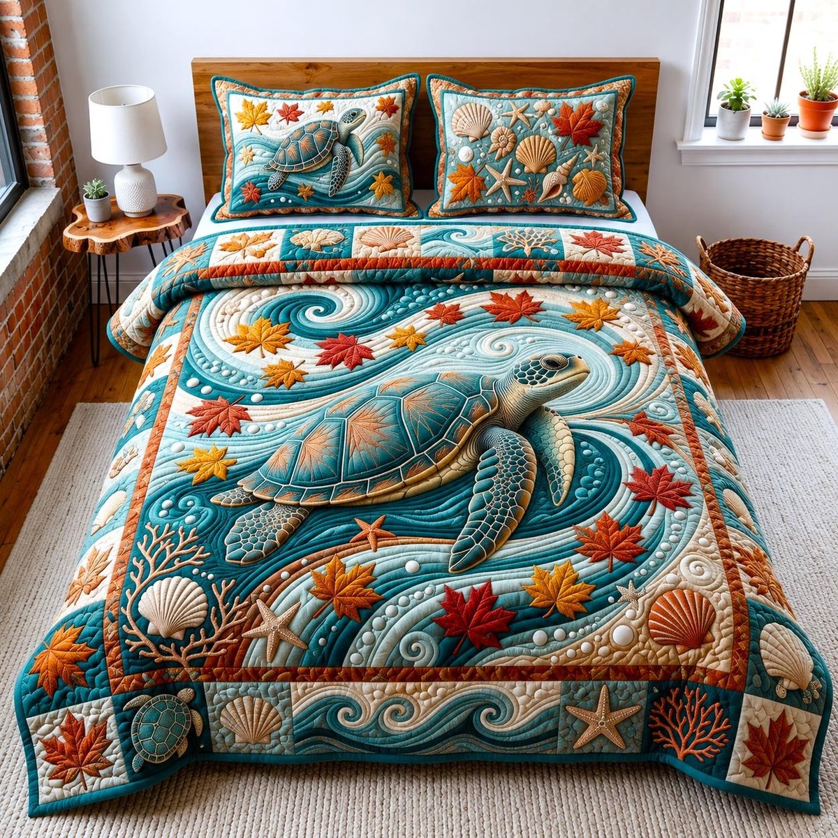 Mystic Turtle Beach 3 Piece Quilted Bedding Set Gift For Turtle Lovers