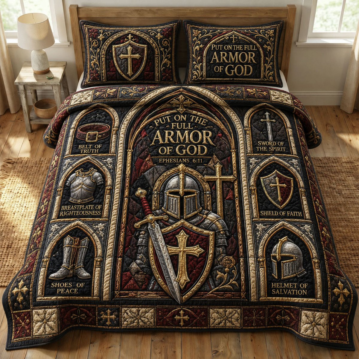Cathedral Armor Shield 3 Piece Quilted Bedding Set Gift For Christians