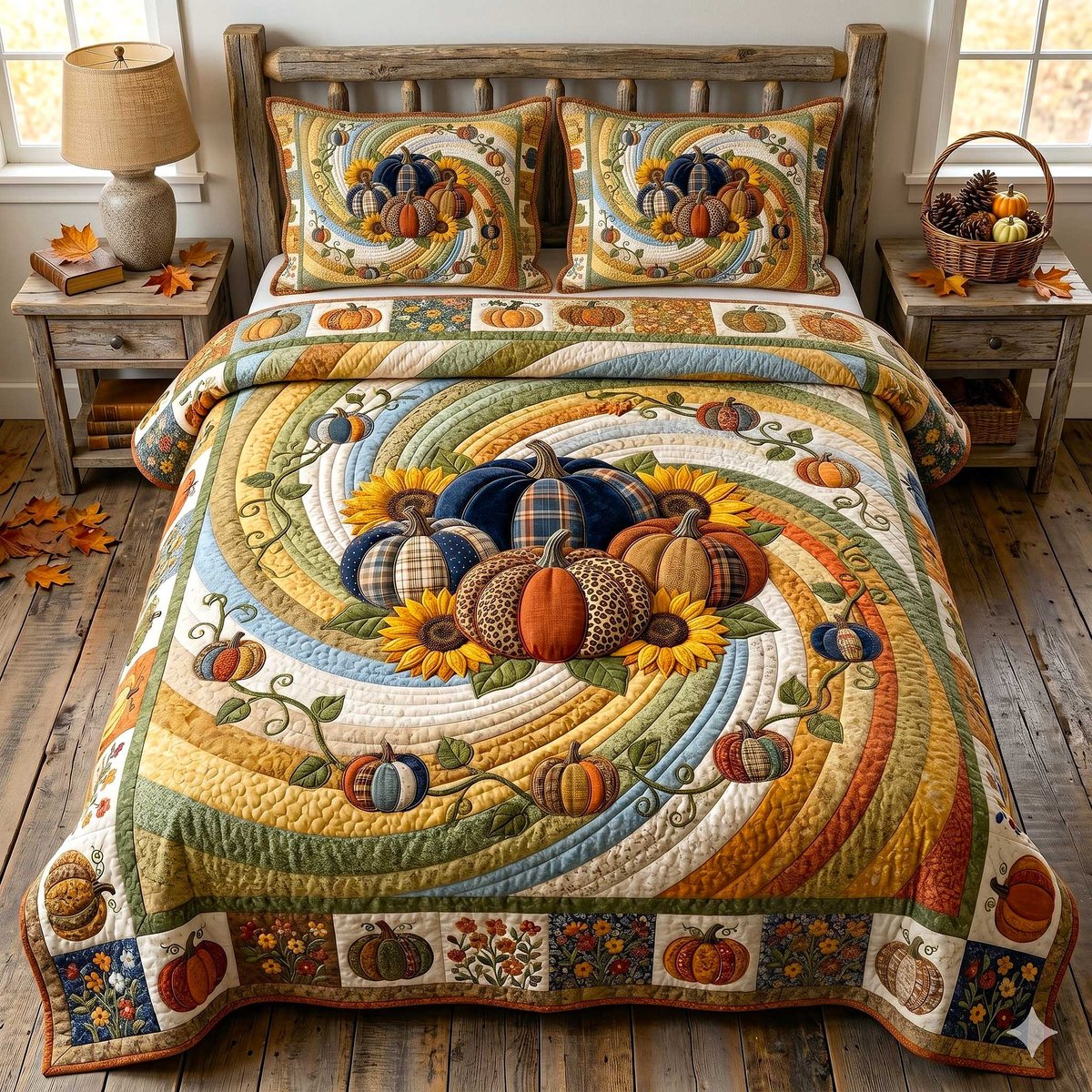 Pumpkin Swirls 3 Piece Quilted Bedding Set Gift For Farmhouse Decor Lovers