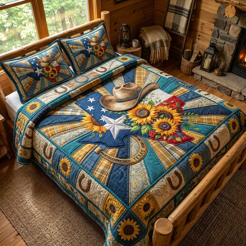 Texas State Sunflower 3 Piece Quilted Bedding Set Gift For Western Lovers