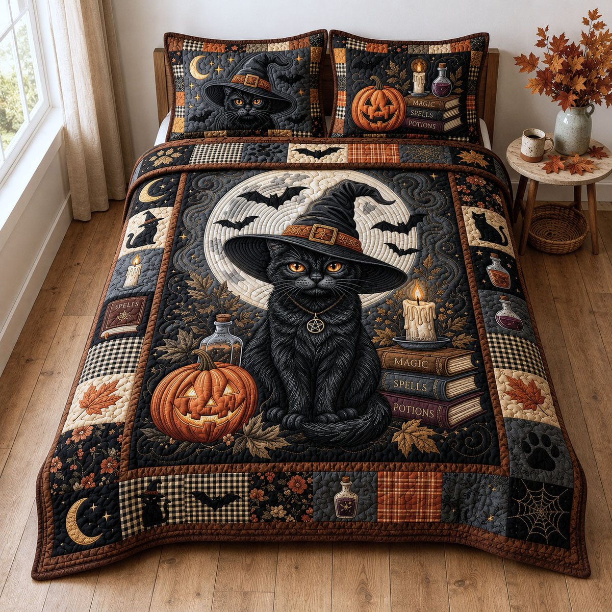 Black Cat Witch 3 Piece Quilted Bedding Set Halloween Gift For Cat Lovers