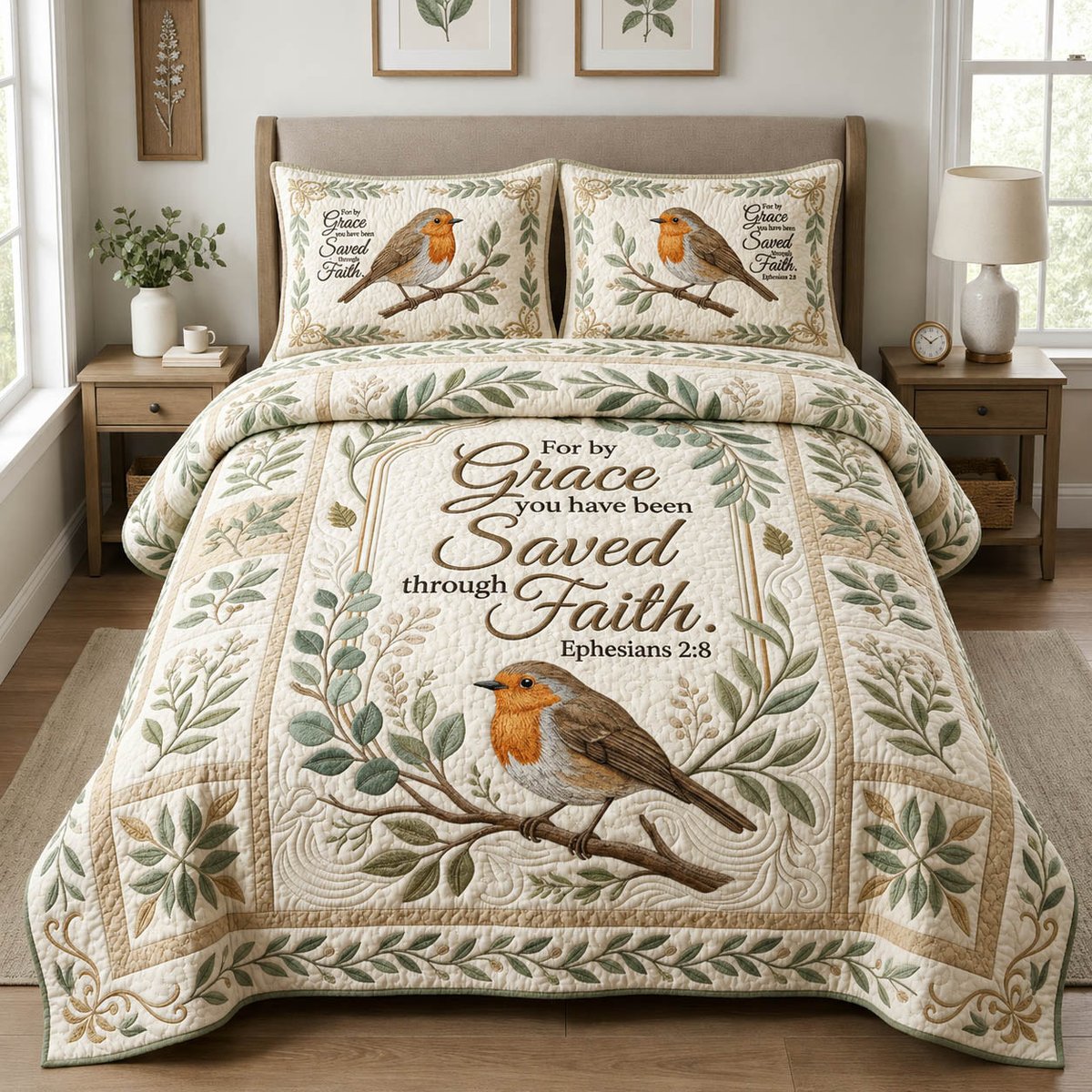 Robin Christian Garden 3 Piece Quilted Bedding Set Gift For Christians