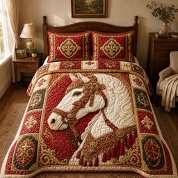 Royal Baroque White Stallion 3 Piece Quilted Bedding Set Gift For Horse Lovers