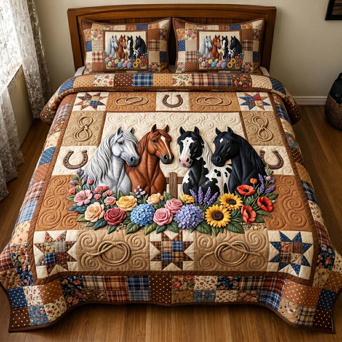 Floral Mustang 3 Piece Quilted Bedding Set Gift For Horse Lovers