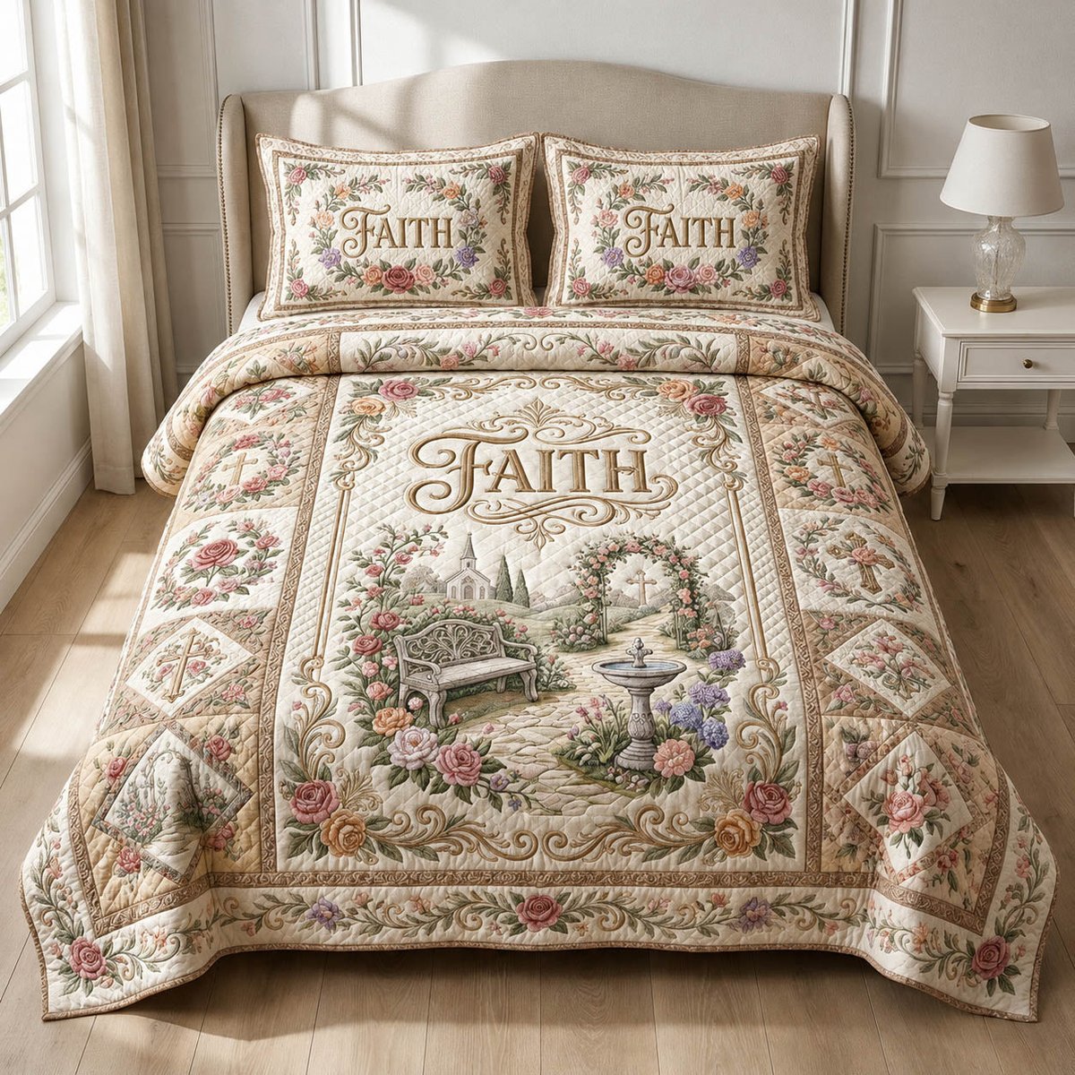 Faith Garden Christian 3 Piece Quilted Bedding Set Gift For Christians