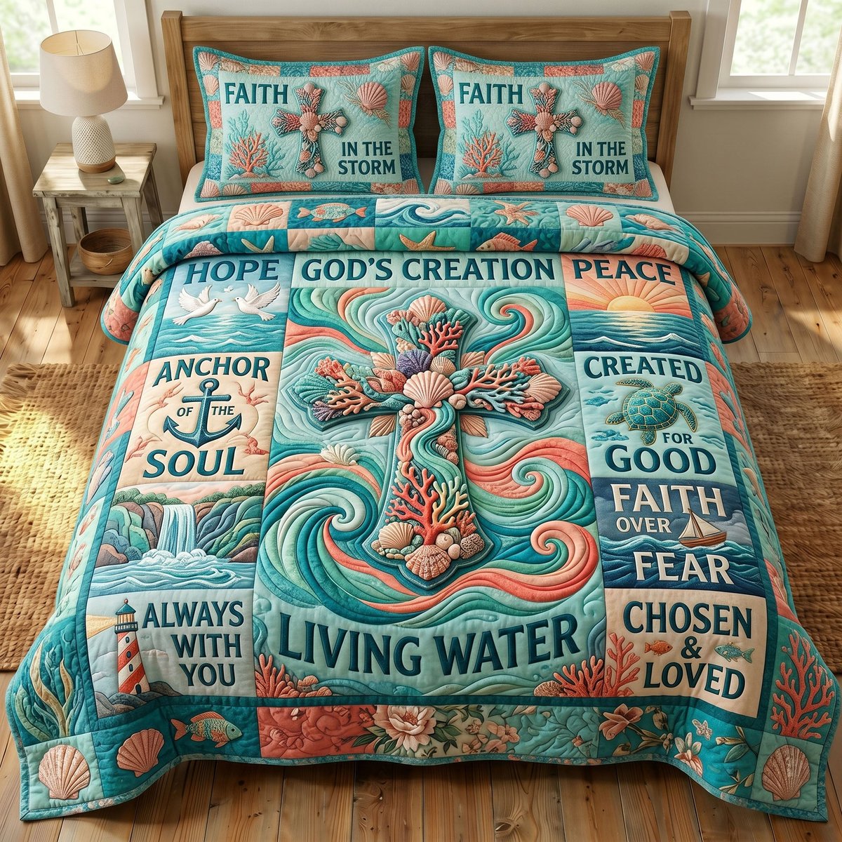 Coastal Christian 3 Piece Quilted Bedding Set Gift For Christians