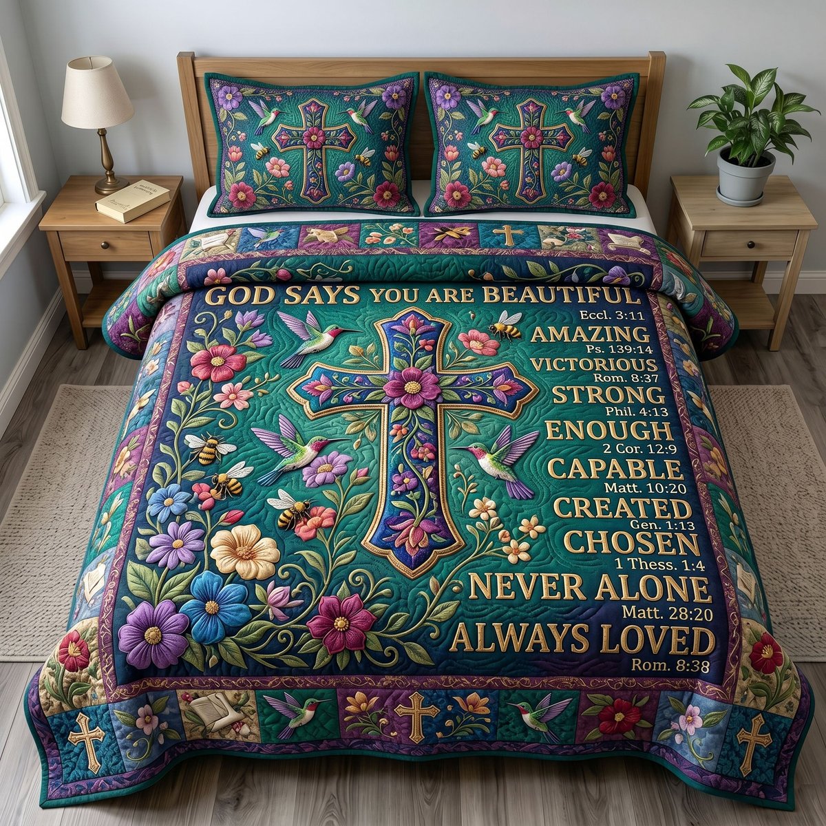 Floral Bible 3 Piece Quilted Bedding Set Gift For Christians