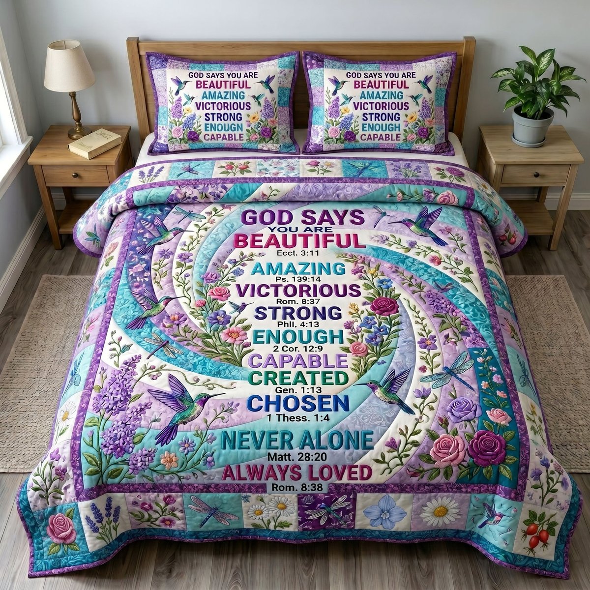 Floral Bible 3 Piece Quilted Bedding Set Gift For Christians