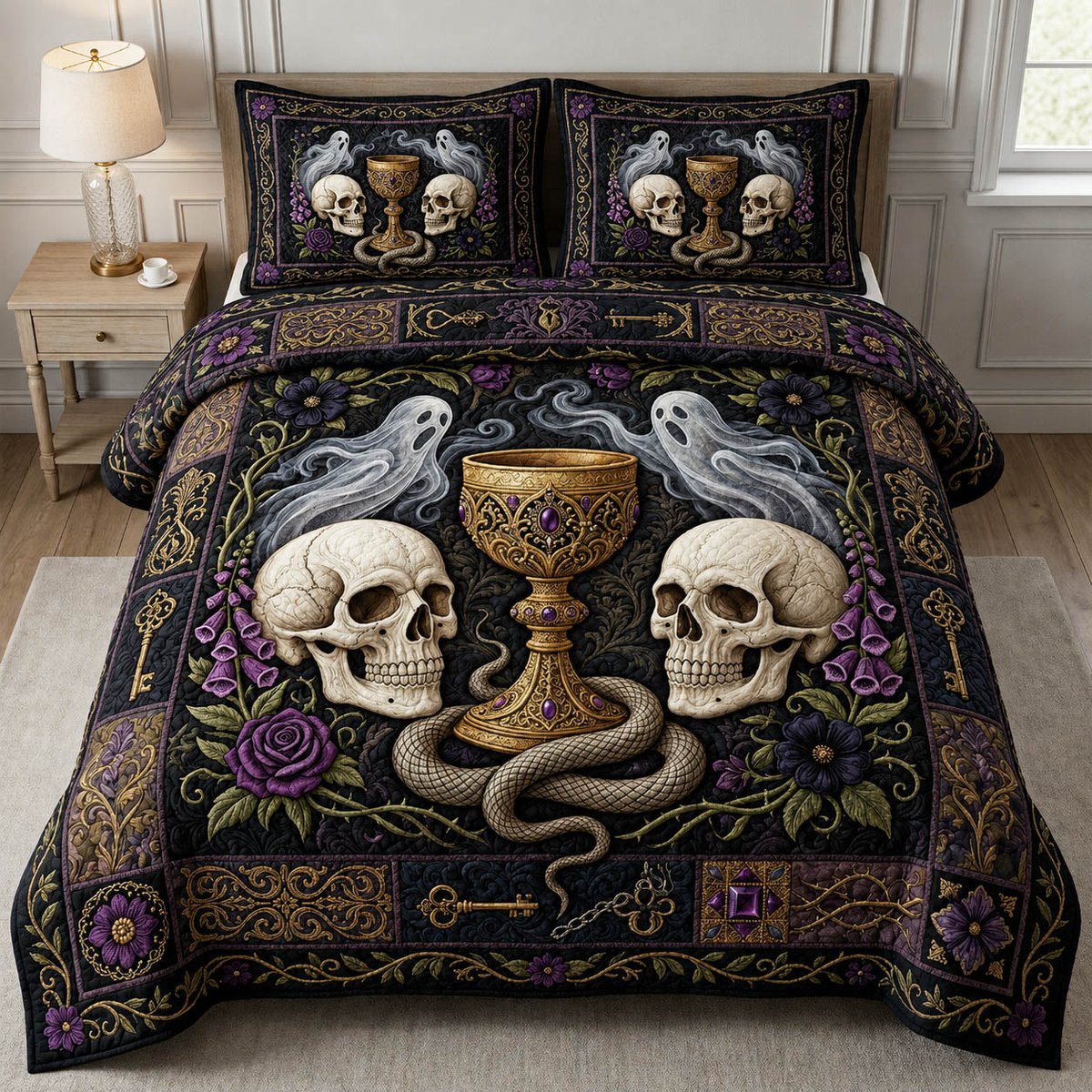 Gothic Skull Chalice 3 Piece Quilted Bedding Set Gift For Gothic Decor Lovers
