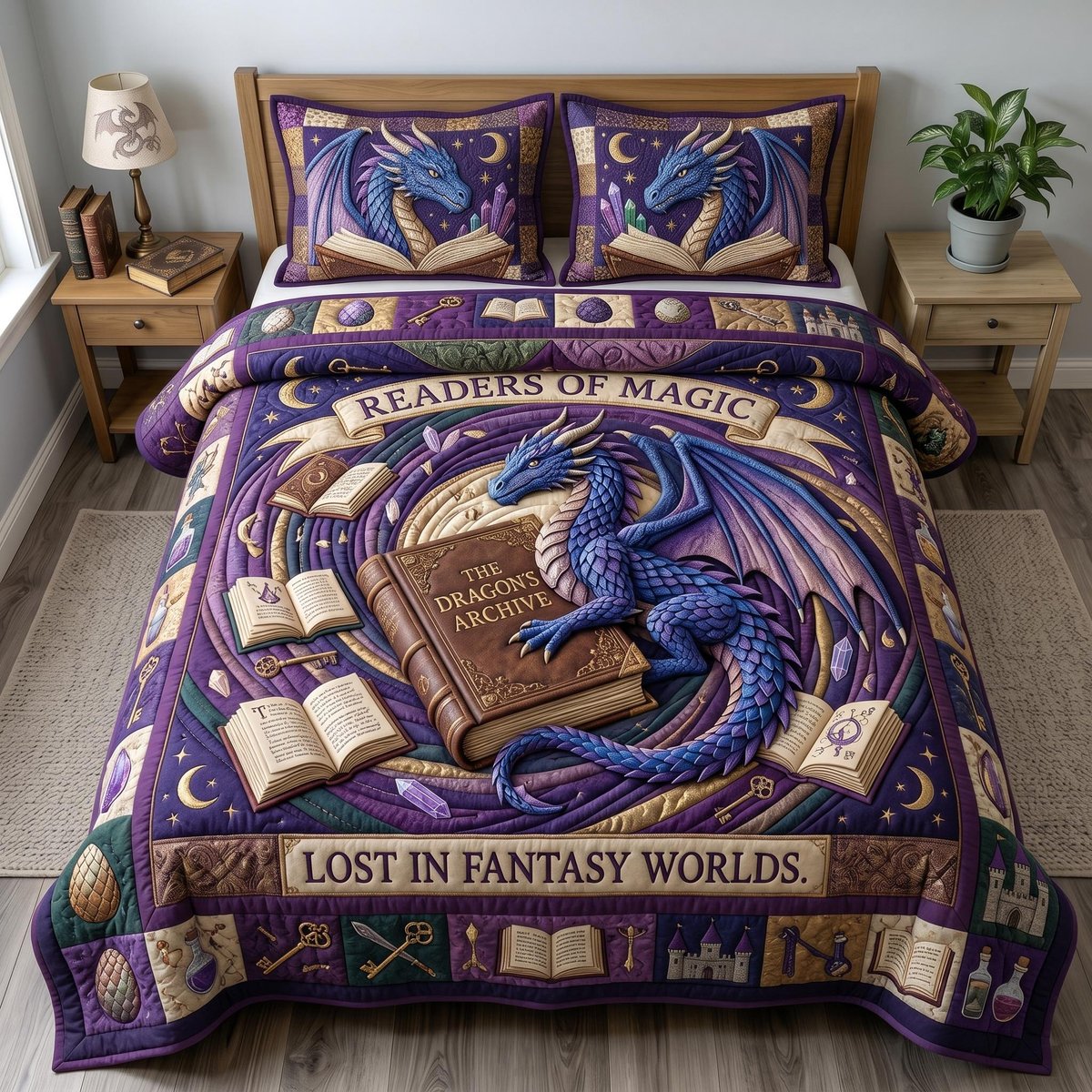Bookworm Dragon 3 Piece Quilted Bedding Set Gift For Book Lovers