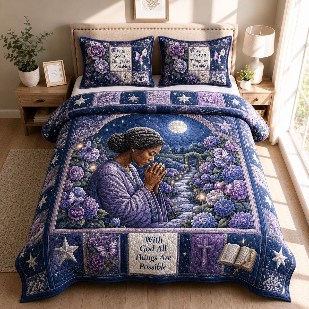Moonlit Faith Garden 3 Piece Quilted Bedding Set Gift For Christians