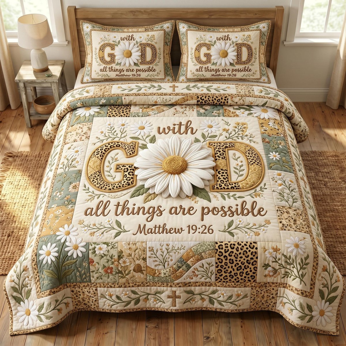 Floral Bible 3 Piece Quilted Bedding Set Gift For Christians