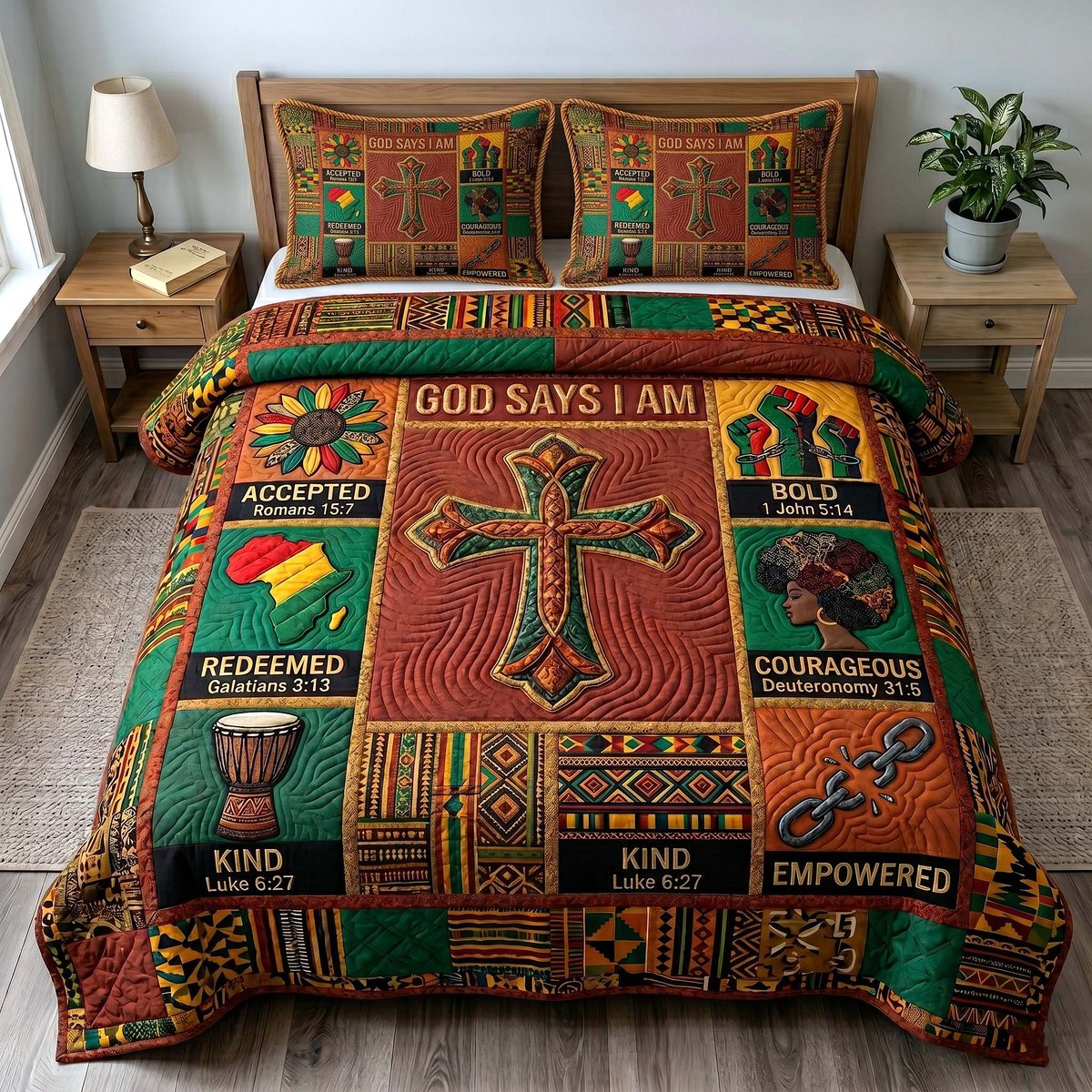 Melanin Grace Christian 3 Piece Quilted Bedding Set Gift For African American Heritage Lovers