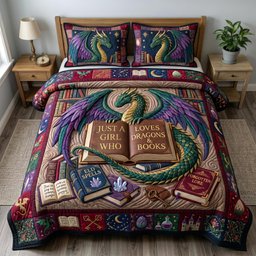 Bookworm Dragon 3 Piece Quilted Bedding Set Gift For Book Lovers