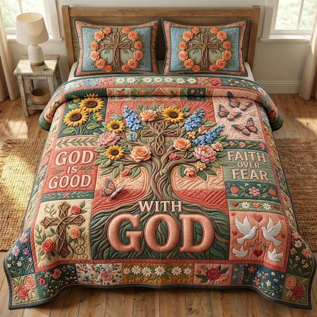 Floral Bible 3 Piece Quilted Bedding Set Gift For Christians