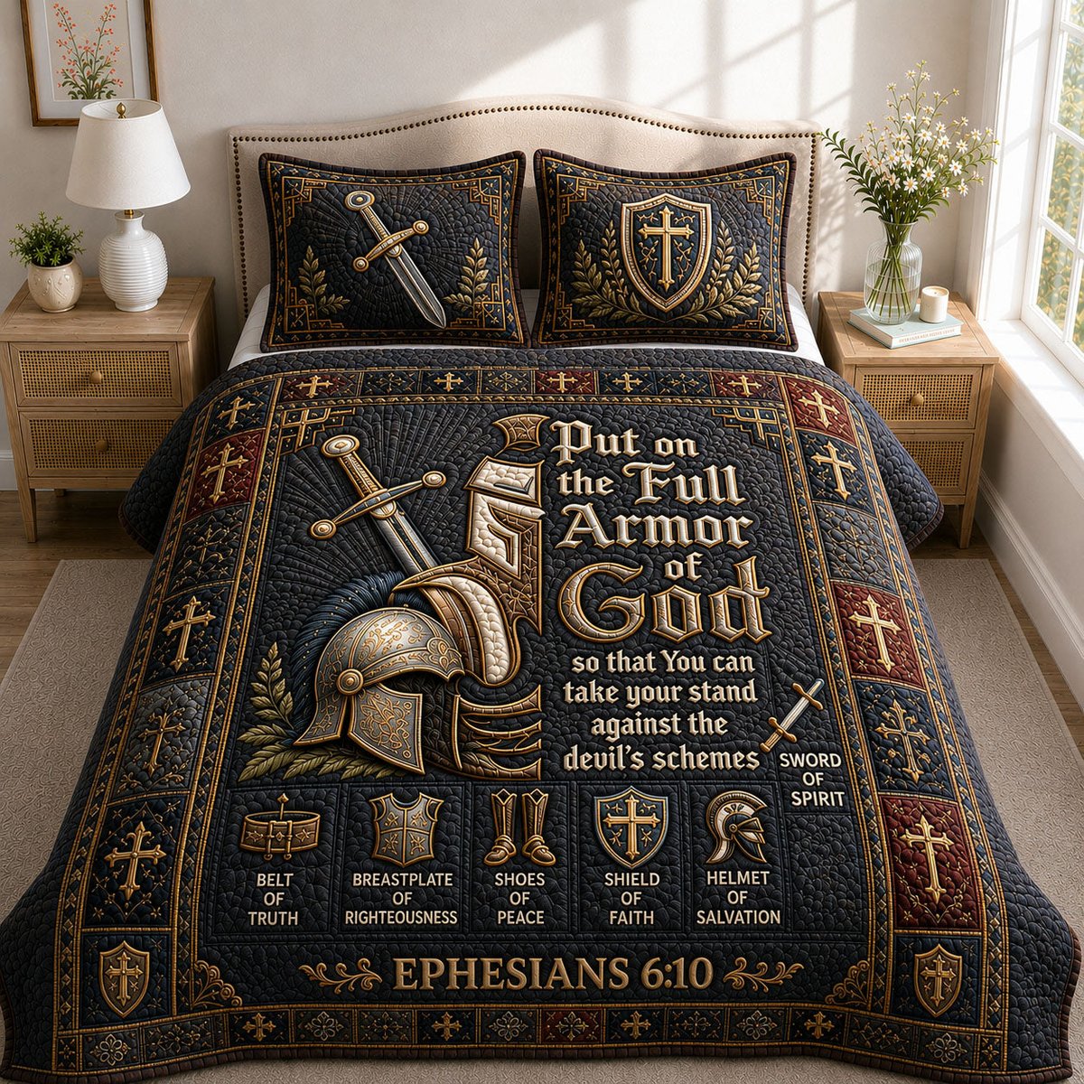 Full Armor of God 3 Piece Quilted Bedding Set Gift For Christians