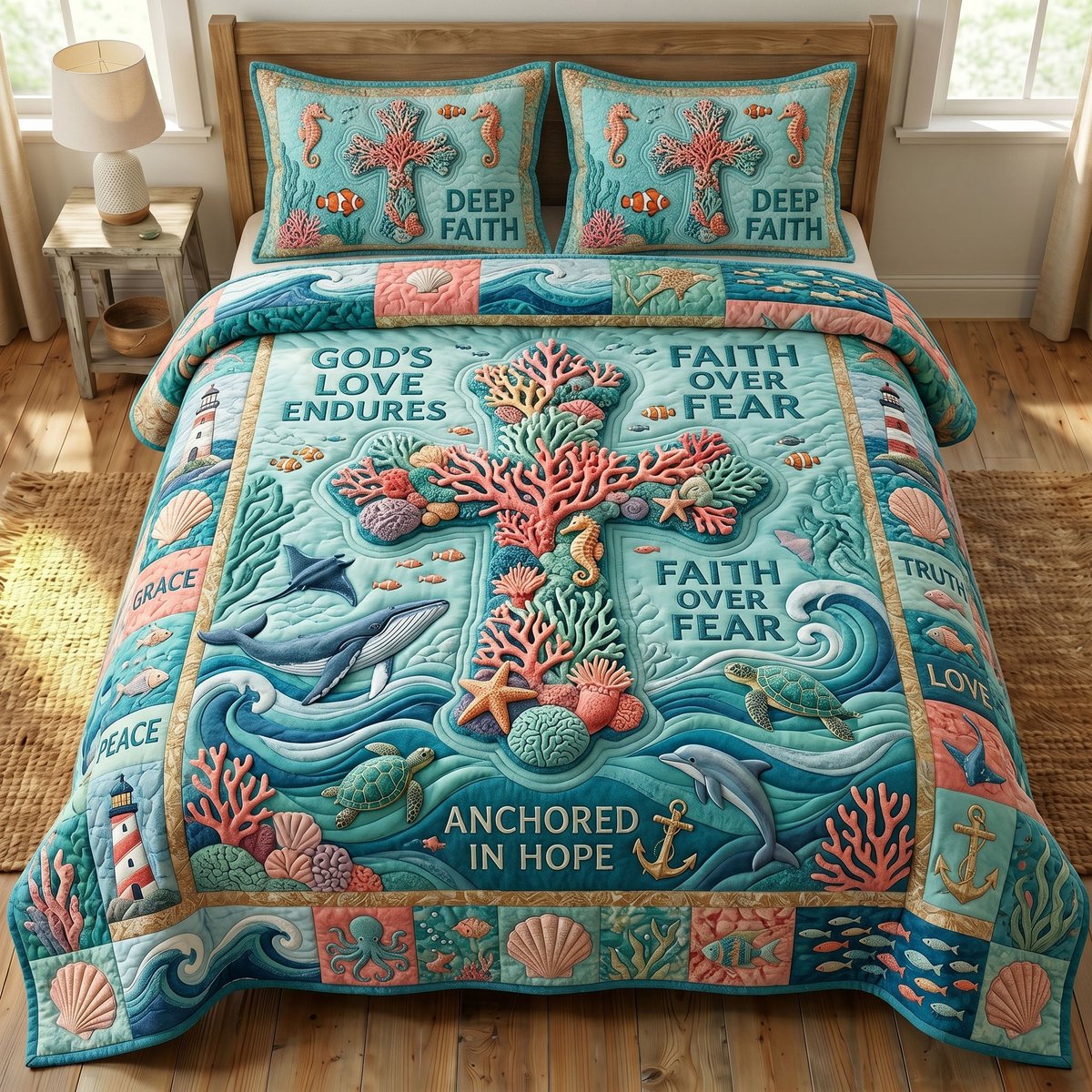 Coastal Christian 3 Piece Quilted Bedding Set Gift For Christians