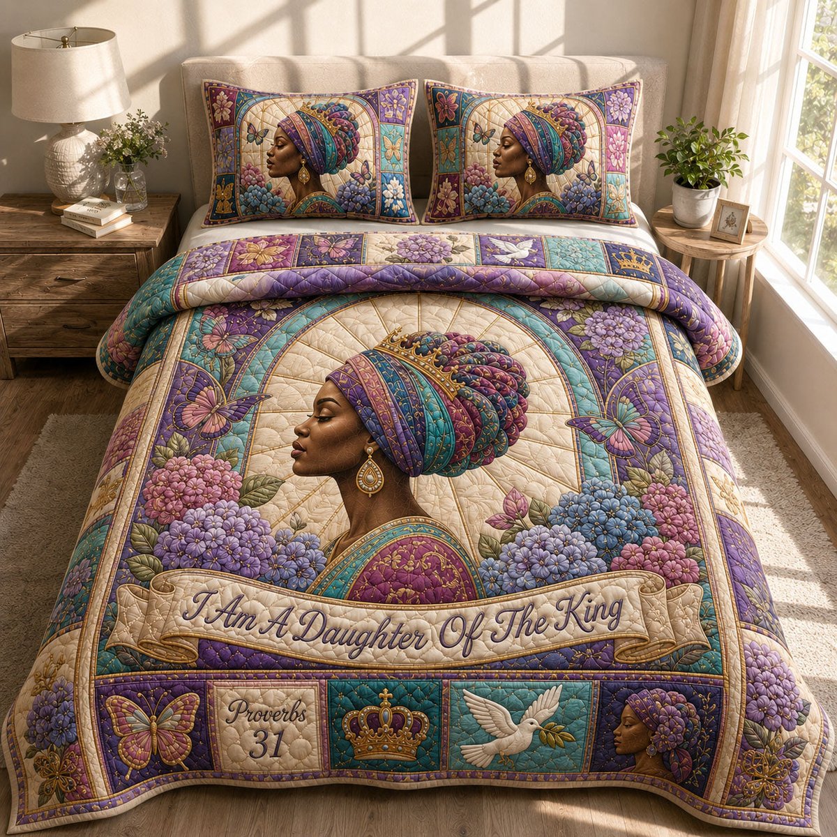 Royal Daughter of the King 3 Piece Quilted Bedding Set Gift For Christians