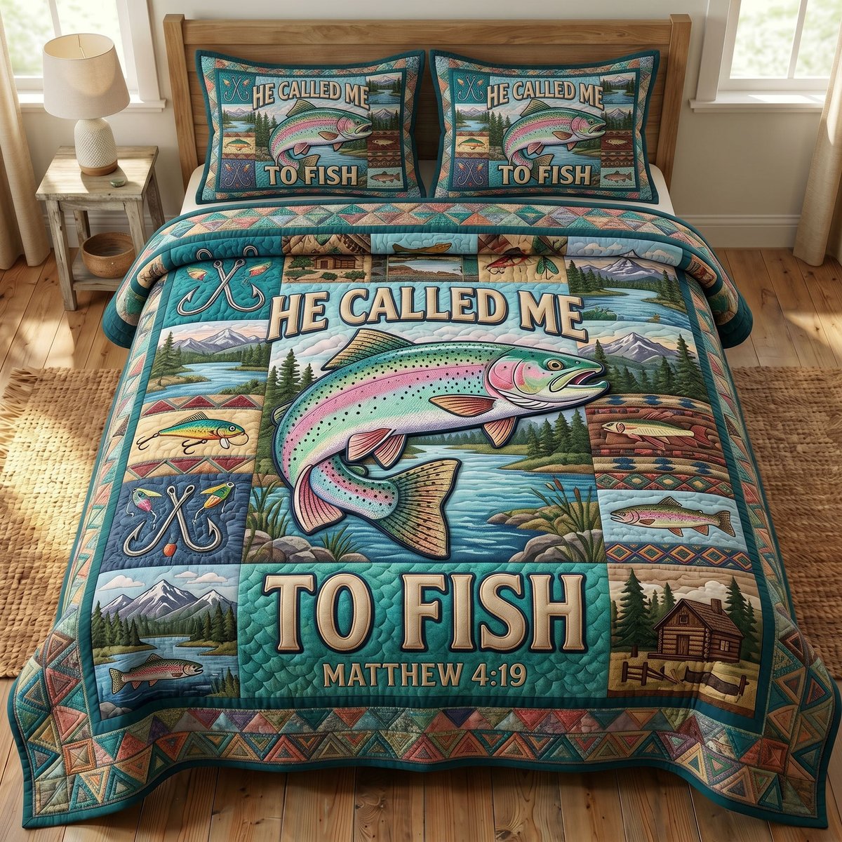 Faithful Fisher Fishing 3 Piece Quilted Bedding Set Gift For Fishing Lovers