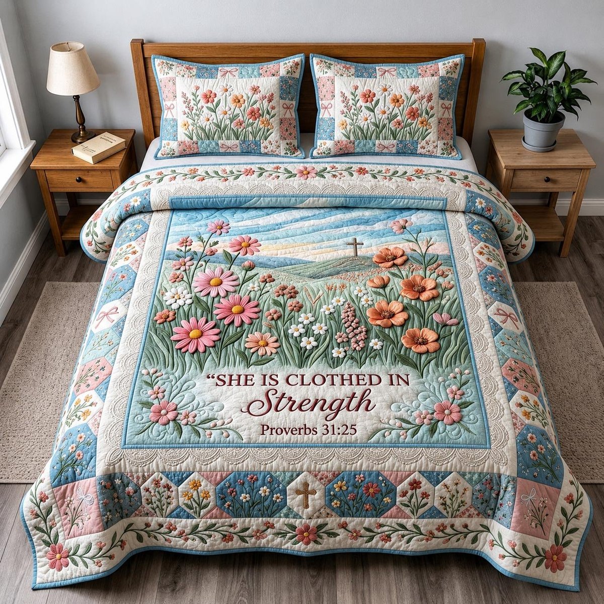 Blooming Faith Christian 3 Piece Quilted Bedding Set Gift For Christians