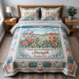 Blooming Faith Christian 3 Piece Quilted Bedding Set Gift For Christians