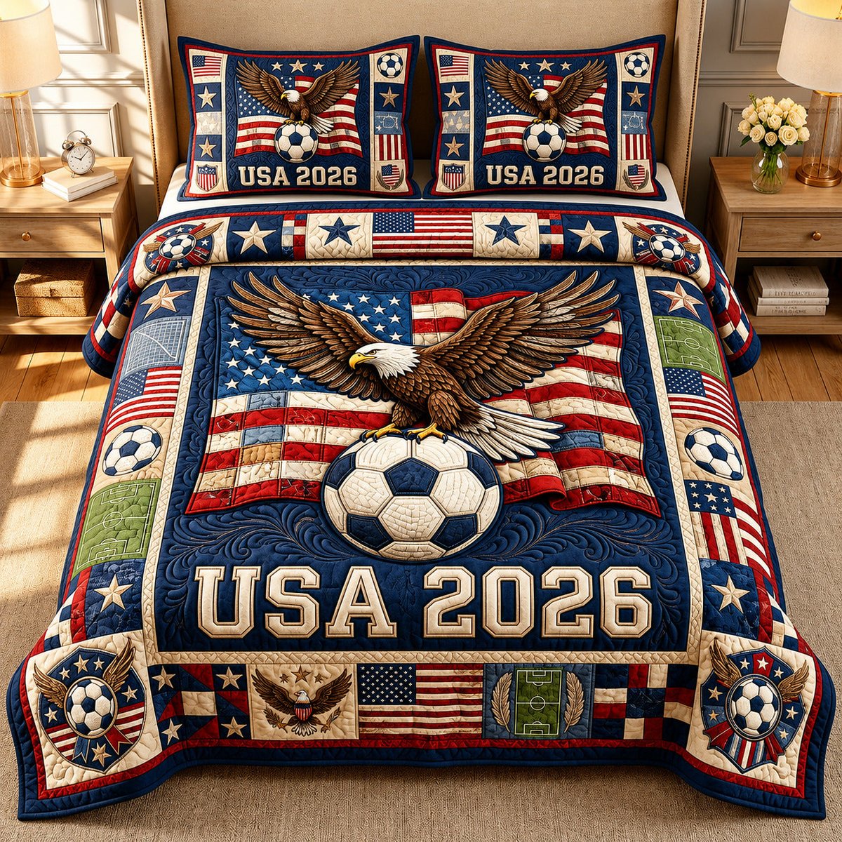 World Cup 3 Piece Quilted Bedding Set Gift For Sports Fans