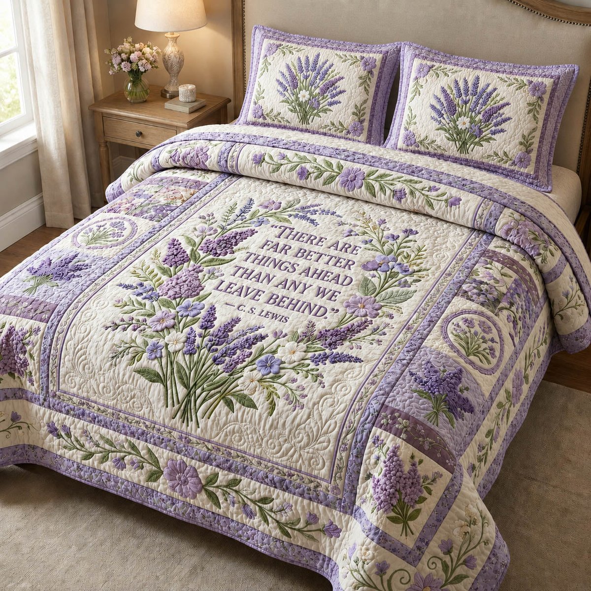 Lavender Bloom Faith 3 Piece Quilted Bedding Set Gift For Christians