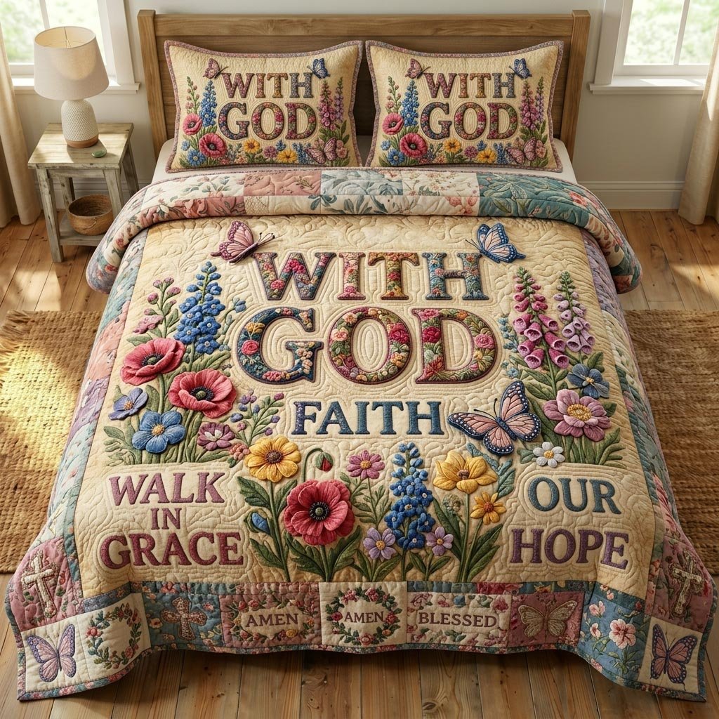 Floral Bible 3 Piece Quilted Bedding Set Gift For Christians