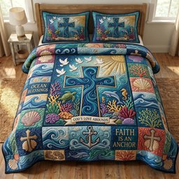 Coastal Christian 3 Piece Quilted Bedding Set Gift For Christians