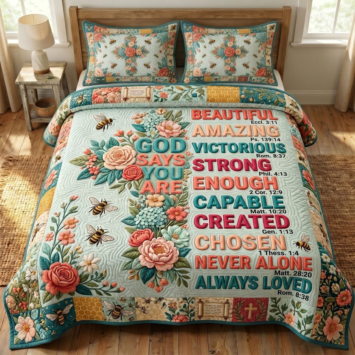 Floral Bible 3 Piece Quilted Bedding Set Gift For Christians