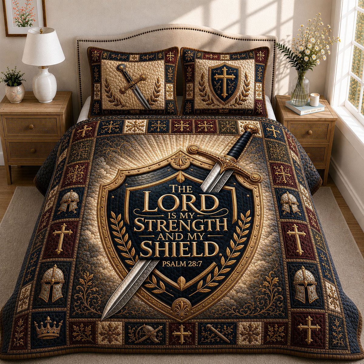 The Lord Is My Strength and My Shield 3 Piece Quilted Bedding Set Gift For Christians